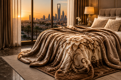Luxury plush mink blanket with elegant floral pattern on a bed manufactured by Matanah Furniture in Riyadh