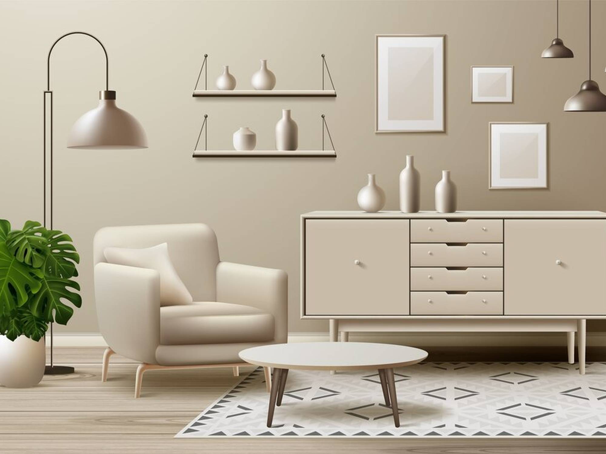 Modern living room interior with beige armchair, minimalist sideboard, round coffee table, floor lamp, indoor plant, and neutral wall art décor